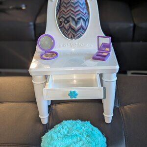 White and blue Barbie doll makeup vanity set with mirror and stool